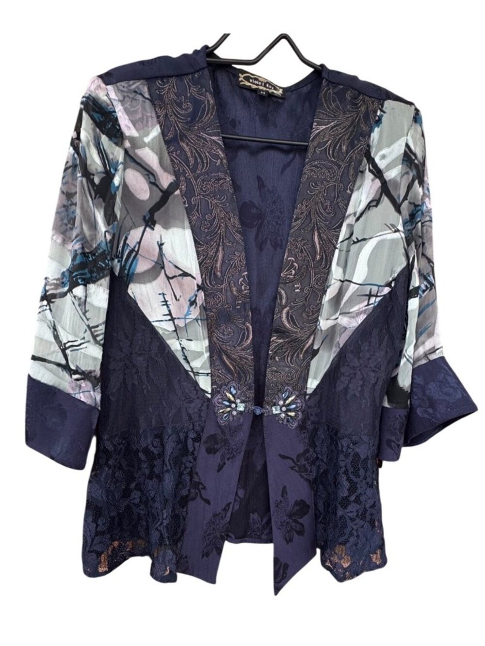 Violet Kay Size Medium Blue Black Silk Blend Burnout Lace Patchwork Jacket NWT